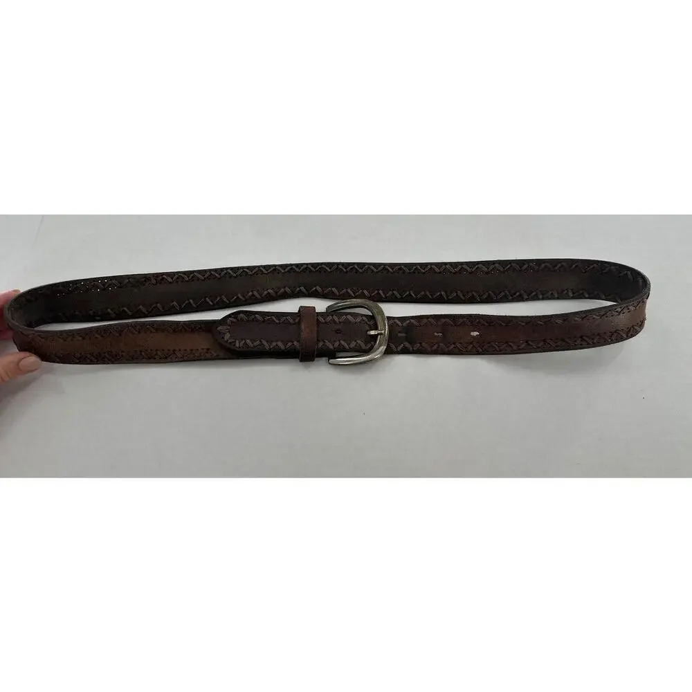 Vtg Belt Mens Cowhide Soft Leather Edge Stitch Brown Cowboy Rodeo Western Sz 40‌